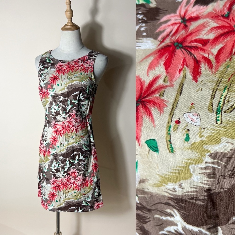 90/Y2K VINTAGE Cotton Pink Palm Tropical Beach Print Dress Modern Small
